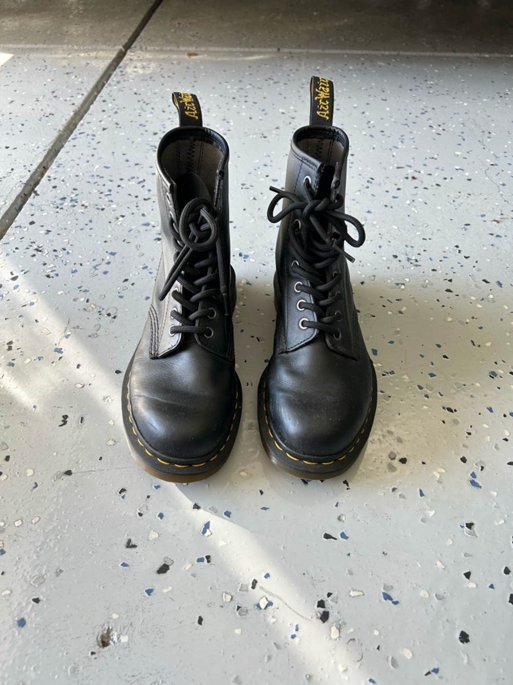 Dr. Martens Black Leather Lace-Up Ankle Boots with Yellow Stitching